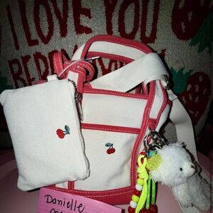 Cherry Embroidered Bag Set - Pink and White